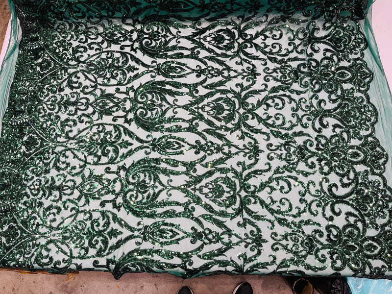 Hunter Green Sequin Fabric On a Mesh 4 Way Stretch, Sequins Fabric Damask Design By The Yard