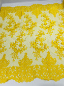 Yellow Bridal Lace - By The Yard - Floral Damask Design Embroidered on Mesh Lace Fabric