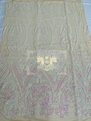 Pink/White Iridescent Sequin Fabric on Nude Mesh 4 Way Stretch Sequins Fabric Sold By The Yard