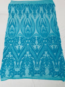 Sequins Fabric - Turquoise - 4 Way Stretch Sequins Damask Fabric By Yard