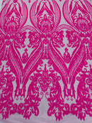Hot Pink Sequins Fabric on Mesh, Damask Design 4 Way Stretch Sequin Fabric Sold By The Yard