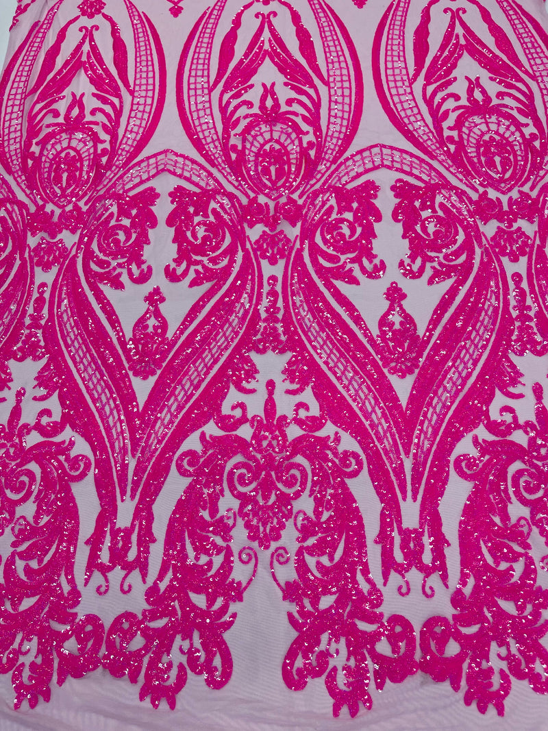 Hot Pink Sequins Fabric on Mesh, Damask Design 4 Way Stretch Sequin Fabric Sold By The Yard