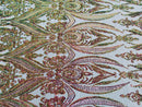 Green Purple Iridescent Sequins Fabric on Nude Mesh, Damask Design 4Way Stretch Sequin By The Yard