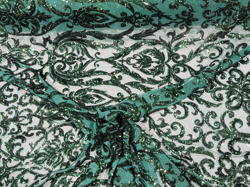 Hunter Green Sequin Fabric On a Mesh 4 Way Stretch, Sequins Fabric Damask Design By The Yard