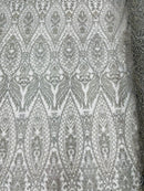 Beaded Fabric, Silver Damask Design Embroidered with Beads Wedding Bridal Sold By Yard