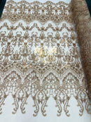 Taupe/Skin Damask Design Beaded Fabric, Embroidered with Beads Wedding Bridal Sold By Yard