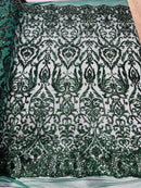 Hunter Green Sequin Fabric On a Mesh 4 Way Stretch, Sequins Fabric Damask Design By The Yard