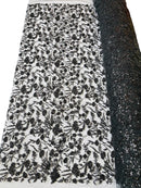 Beaded Design Floral Pattern - Black - Embroidered Beads in Floral Pattern on Mesh Sold By The Yard