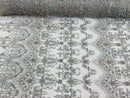 Silver Damask Design Beaded Fabric, Embroidered with Beads Wedding Bridal Sold By Yard