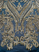 Gold Sequins Fabric on Black Mesh, Damask Design 4 Way Stretch Sequin Fabric Sold By The Yard