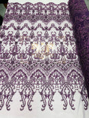 Plum Damask Design Beaded Fabric, Embroidered with Beads Wedding Bridal Sold By Yard