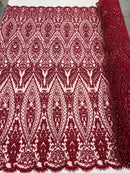 Beaded Fabric, Burgundy Damask Design Embroidered with Beads Wedding Bridal Sold By Yard