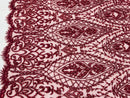 Beaded Fabric, Burgundy Damask Design Embroidered with Beads Wedding Bridal Sold By Yard