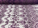 Plum Damask Design Beaded Fabric, Embroidered with Beads Wedding Bridal Sold By Yard