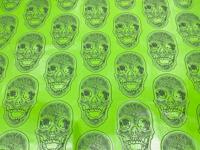 Big Skull Vinyl Fabric - Lime Green - Skull Print Vinyl Fabric, Upholstery, Faux Leather 54” Sold By Yard