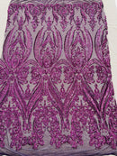 Plum Sequins Fabric on Mesh, Damask Design 4 Way Stretch Sequin Fabric Sold By The Yard