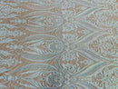 Aqua Iridescent Sequins Fabric on Nude Mesh, Damask Design 4Way Stretch Sequin By The Yard