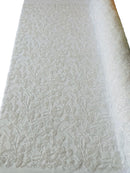 Beaded Design Floral Pattern - White - Embroidered Beads in Floral Pattern on Mesh Sold By The Yard