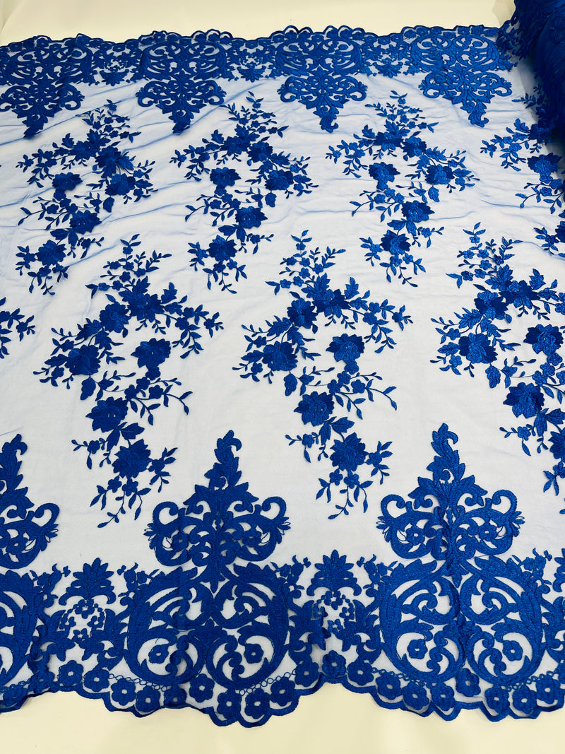 Royal Blue Bridal Lace - By The Yard - Floral Damask Design Embroidered on Mesh Lace Fabric