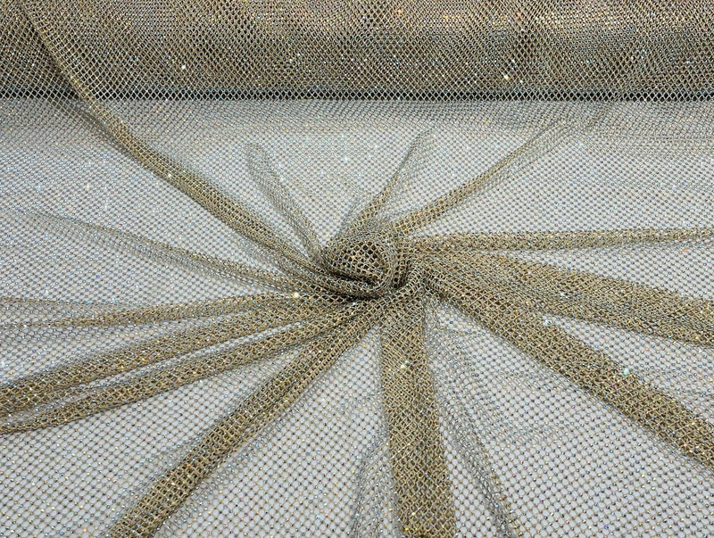 Iridescent Rhinestones Fabric On Champagne 4way Stretch Net Fabric,Fish Net with Crystal Stones By Yard