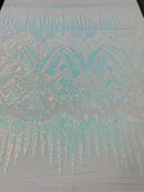 Blue/White Iridescent Sequin Fabric, by the yard - White Mesh 4 Way Stretch Aztec Design