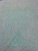Iridescent Aqua/Blue Sequins Fabric Damask Design 4 Way Stretch Sequin Fabric Sold By The Yard