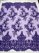 Purple Floral Bridal Lace - By The Yard - Damask Design Embroidered on Mesh Lace Fabric