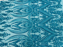 Turquoise Sequins Fabric on Mesh, Damask Design 4Way Stretch Sequin By The Yard