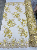 Gold/Yellow 3D Floral Design Embroider and Beaded With Pearls On a Mesh Lace-Prom-Dresses By The Yard