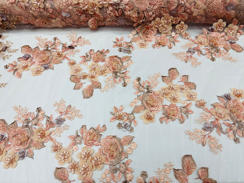 Peach 3D Floral Design Embroider and Beaded With Pearls On a Mesh Lace-Prom-Dresses By The Yard