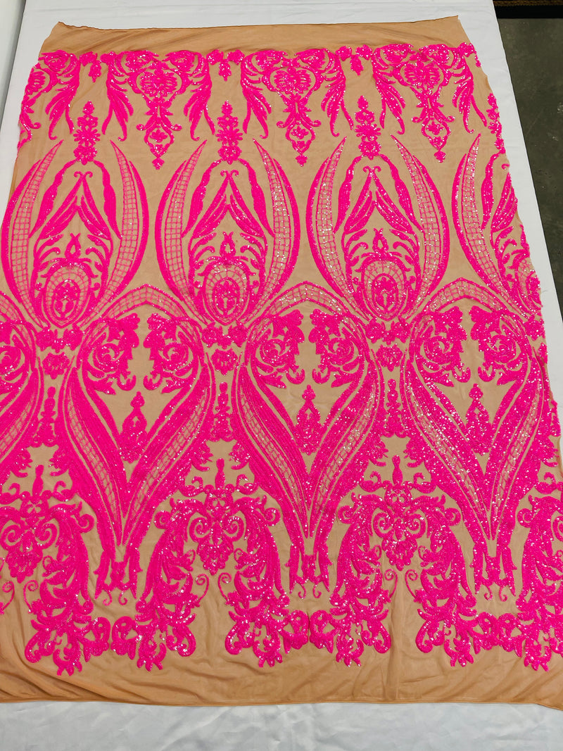 Hot Pink Sequins Fabrics on DK Nude Mesh, Damask Design 4Way Stretch Sequin By The Yard