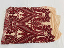 Burgundy Sequins Fabric on Nude Mesh, Damask Design 4 Way Stretch Sequin Fabric Sold By The Yard