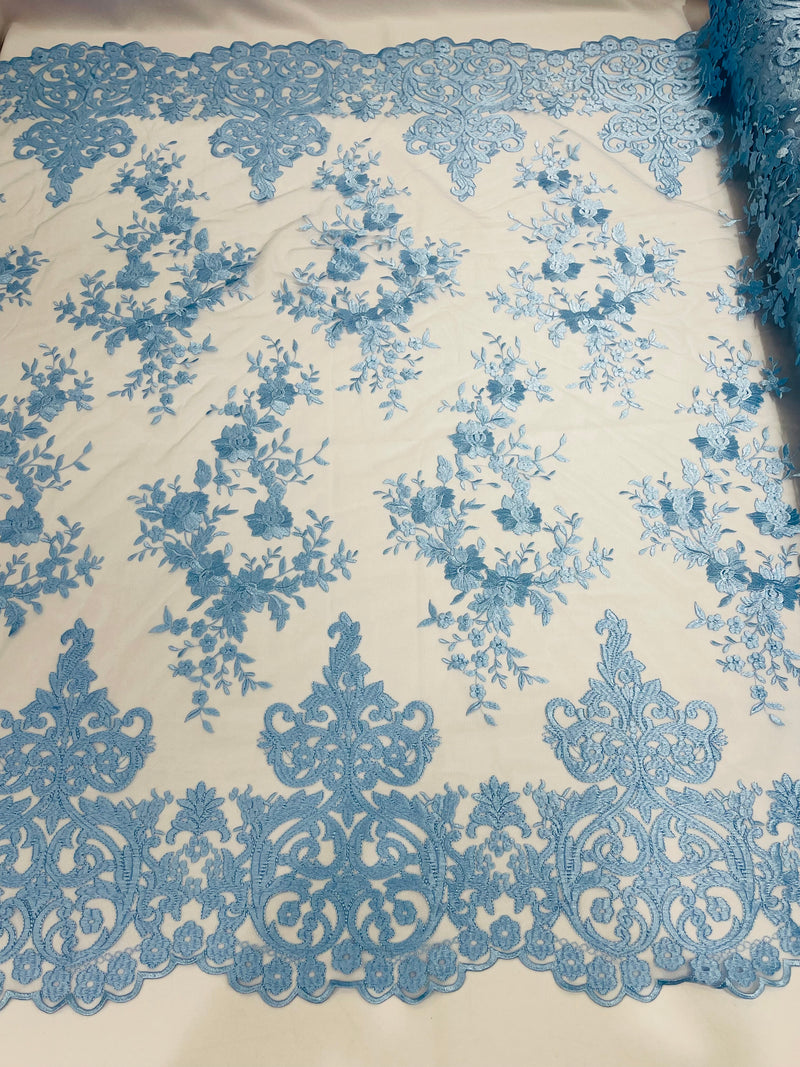 Baby Blue Bridal Lace - By The Yard - Floral Damask Design Embroidered on Mesh Lace Fabric