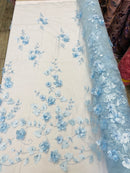 Baby Blue 3D Floral Design Embroider and Beaded With Pearls On a Mesh Lace Fabric By The Yard