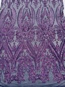 Plum Sequins Fabric on Mesh, Damask Design 4 Way Stretch Sequin Fabric Sold By The Yard