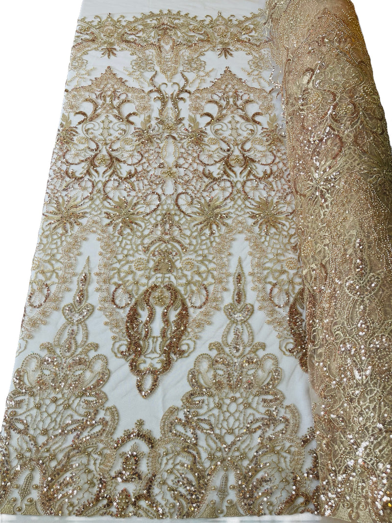 Damask Beaded Pattern Fabric - Rose Gold - Embroidered Beaded Bridal Applique Fabric Sold By The Yard