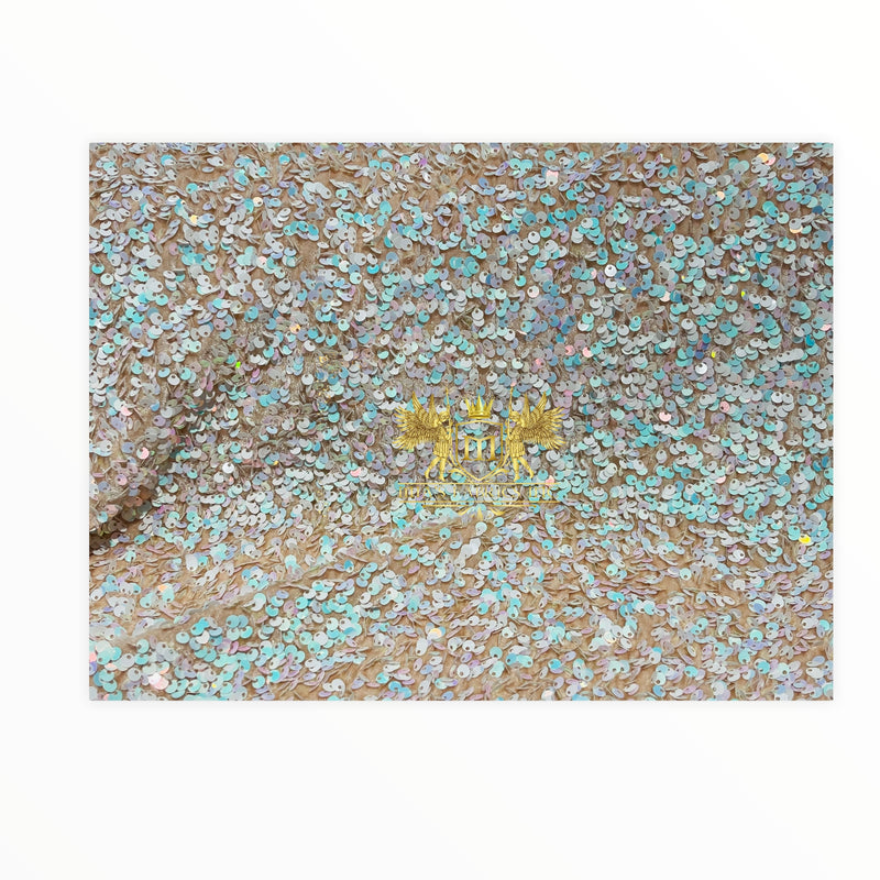 Aqua Iridescent Sequin on Blush Stretch Velvet With Sequins 2-Way Stretch(Pick a Size)