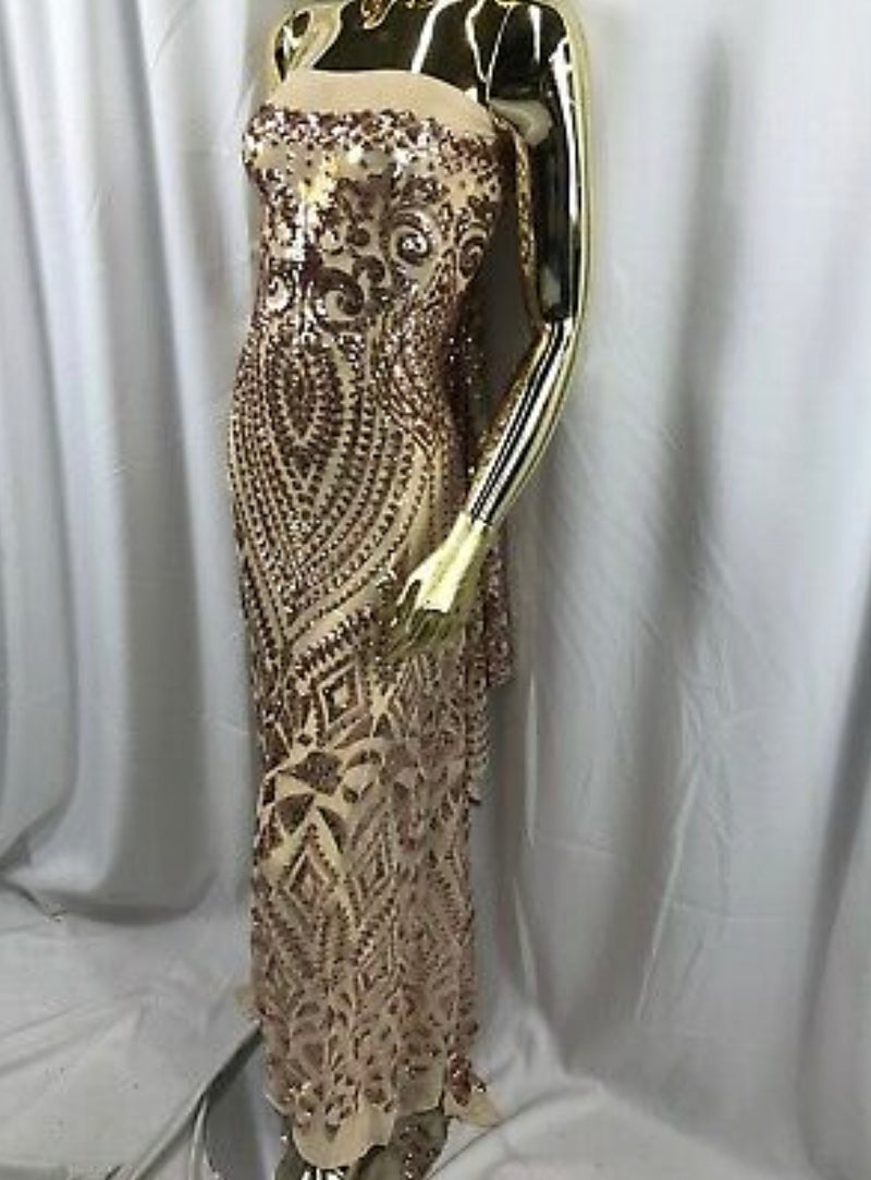 Rose Gold Sequin Geometric Design, 4 Way Stretch Sequin Fabric On Spandex Mesh-Prom-Gown By The Yard