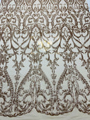 Matte Champagne Sequin Fabric On a Mesh 4 Way Stretch, Sequins Fabric Damask Design By The Yard