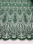 Beaded Fabric, Hunter Green Damask Design Embroidered with Beads Wedding Bridal Sold By Yard