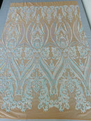Aqua Iridescent Sequins Fabric on Nude Mesh, Damask Design 4Way Stretch Sequin By The Yard
