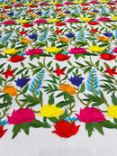 Multi Color Floral Bridal Lace - by the yard - Flowers and Leaves Embroidery on Ivory Mesh Lace