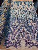 Iridescent Sequins Fabric on Mesh - by the yard - Damask Design 4 Way Stretch Sequin Fabric
