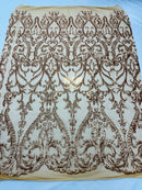 Matte Gold Sequin Fabric On a Mesh 4 Way Stretch, Sequins Fabric Damask Design By The Yard