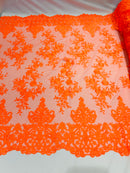 Neón Orange Bridal Lace - By The Yard - Floral Damask Design Embroidered on Mesh Lace Fabric
