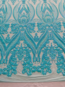 Mint Iridescent Sequins Fabric on a Mesh, Damask Design 4Way Stretch Sequin By The Yard