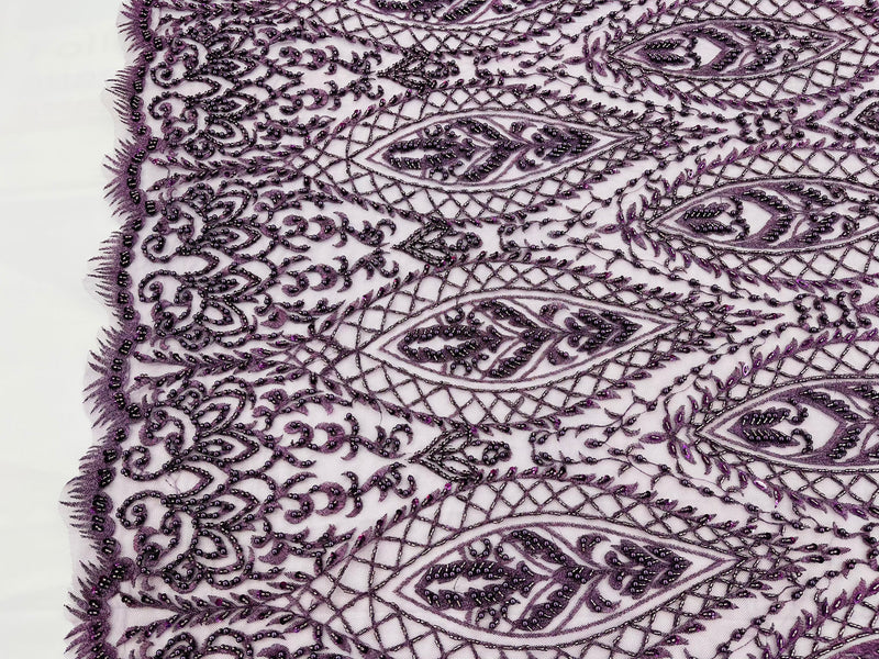 Beaded Fabric, Plum Damask Design Embroidered with Beads Wedding Bridal Sold By Yard