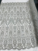 Beaded Fabric, Silver Damask Design Embroidered with Beads Wedding Bridal Sold By Yard