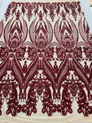 Burgundy Sequins Fabric on Nude Mesh, Damask Design 4 Way Stretch Sequin Fabric Sold By The Yard