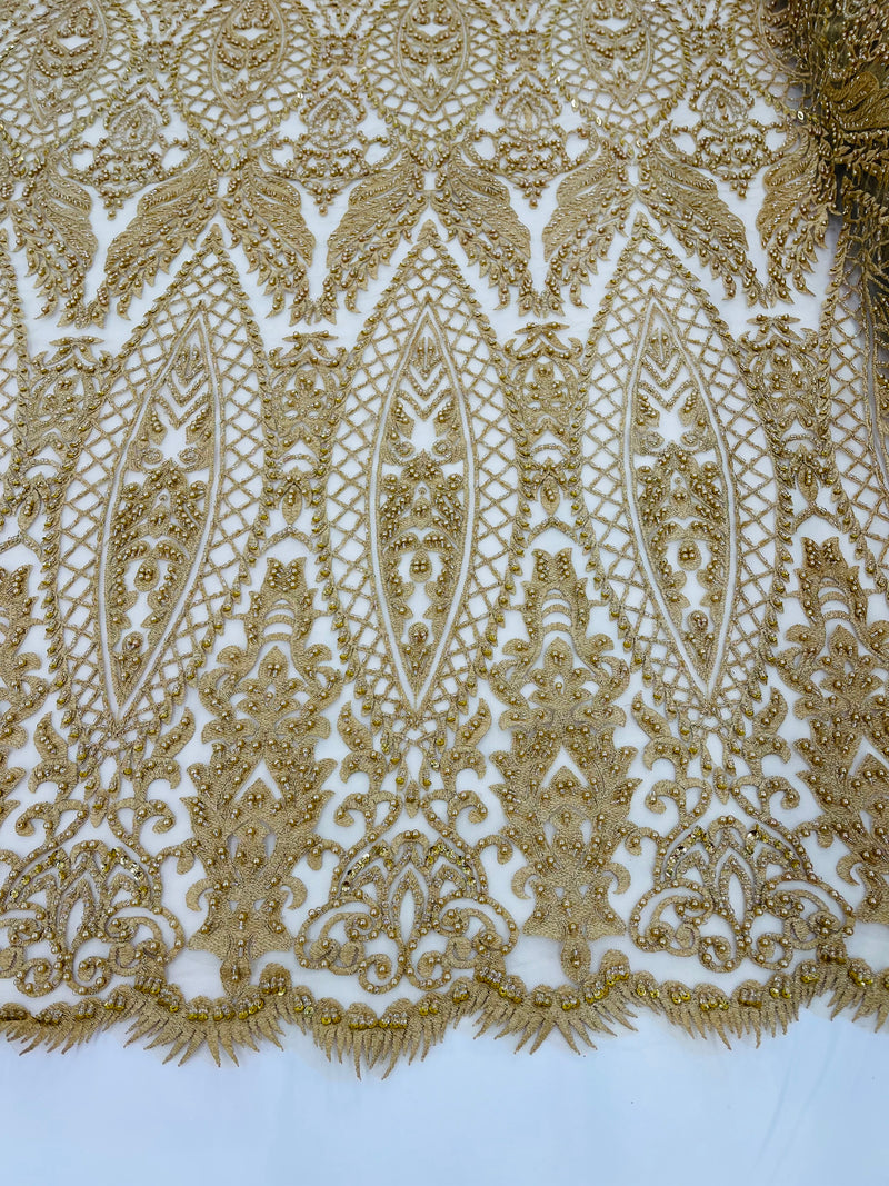 Beaded Fabric, Gold Damask Design Embroidered with Beads Wedding Bridal Sold By Yard